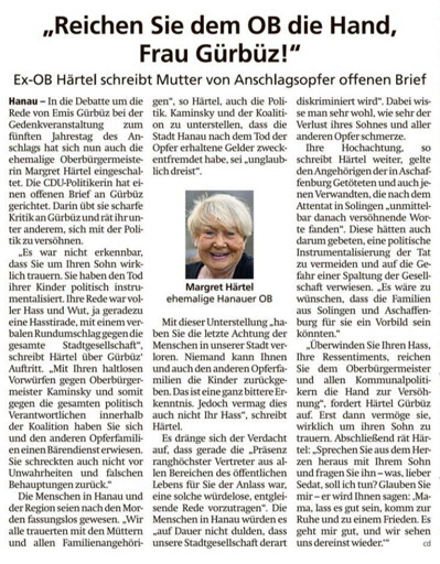 „Reichen Sie dem OB die Hand, Frau Gürbüz!" Ex-OB Härtel schreibt Mutter von Anschlagsopfer offenen Brief