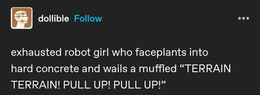 Tumblr post by user dollible saying "exhausted robot girl who faceplants into hard concrete and wails a muffled "TERRAIN TERRAIN PULL UP PULL UP""