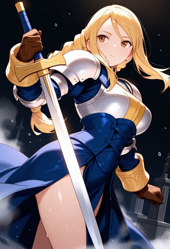 A female warrior with golden eyes and braided blonde hair. She wears a blue and white armor set that includes pauldrons, a chest plate, and a blue skirt with a slit. She also wears brown gloves. In her right hand, she holds a large, gleaming sword. 