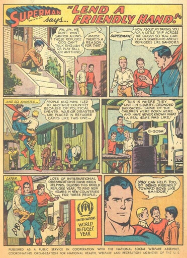 Superman teaches two young boys about the plight of refugees and they learn that they should be more friendly and welcoming to those in need