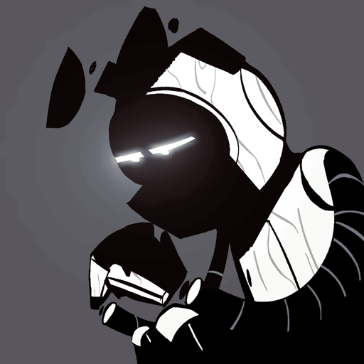 Monochrome drawing with flat colors of ERM, a robot dog, sitting and thinking about something. Pitch black shadow covers his face and the viewer can see only his eyes glowing in the dark. His expression seems to be broody